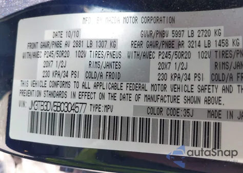 2011 Mazda Cx-9 Grand Touring z USA, uszkodzony, nr VIN JM3TB3DV5B0304577